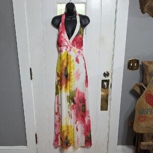 Jessica Simpson Floral Halter Maxi Dress Pink Yellow Beachy Lined Sz 2 EUC